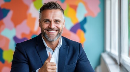 A man in a navy suit gives a thumbs-up with a huge smile against a backdrop of an abstract, colorful mural, highlighting positive vibes and self-assurance.