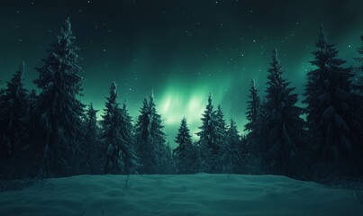Row of pine trees covered in snow, illuminated by the northern lights, casting a soft, magical glow over the landscape