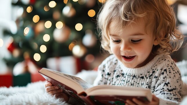 Curious little girl reading a captivating book, surrounded by shimmering lights from a Christmas tree, spreading holiday warmth and wonder all around.
