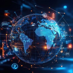 Obraz premium Digital Globe with Various Marketing Tools and Data Connections Representing Global Technology and Digital Marketing Strategies