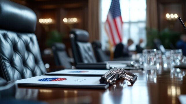 An elegant conference room with leather chairs and official documents on the table, accompanied by a distant American flag, suggesting diplomacy in progress.