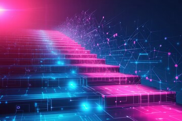Obraz premium Digital Staircase with Glowing Steps Representing Progress, Technology Advancement, and the Journey Towards Innovation
