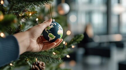 A hand carefully hangs an earth-themed ornament on a lush green Christmas tree, embodying a message of global awareness and festive cheer.