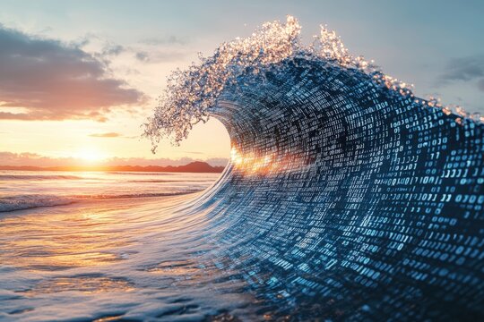 Digital Binary Wave Sweeping Across Ocean at Sunset