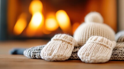 A pair of tiny cream-colored baby mittens are artfully displayed in front of a glowing fireplace, symbolizing innocence, warmth, and the essence of home.