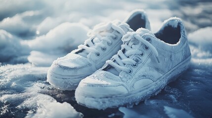 Frozen White Sneakers on Icy Surface with Frost and Ice Crystals in Cold Winter Scene