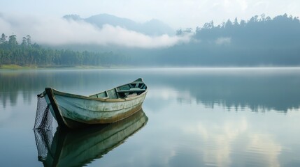 Obraz premium A serene wooden boat gently floats on calm waters surrounded by misty mountains at dawn in a tranquil lake setting