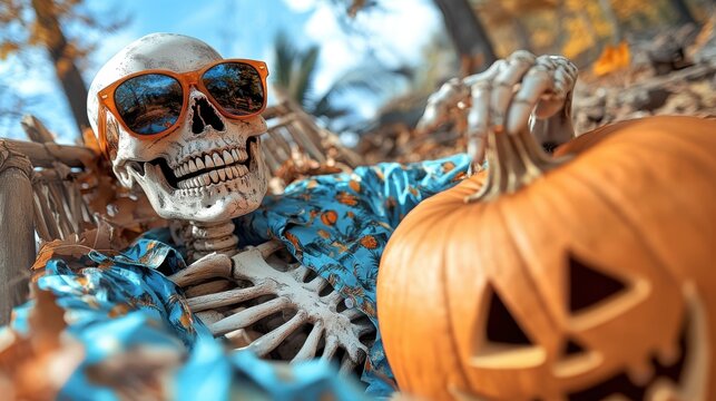 A dressed skeleton in bright sunglasses leans on a carved pumpkin amidst fall leaves, blending humor and spookiness against a vibrant autumnal outdoors setting.