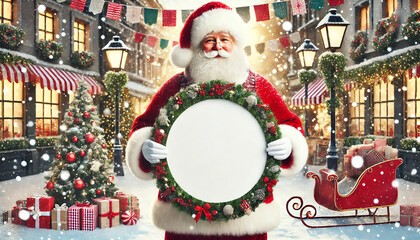 Santa Claus Holding Large Empty Circular Sign for Christmas and New Year's Mockup. Festive Scene with Snowy Street and Blurred Holiday Decorations. AI-generated