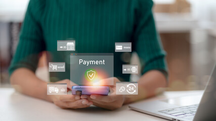 Online payment with digital marketing, Women use banking online bill payment Approved concept button, credit card and network connection icon on business technology virtual screen background