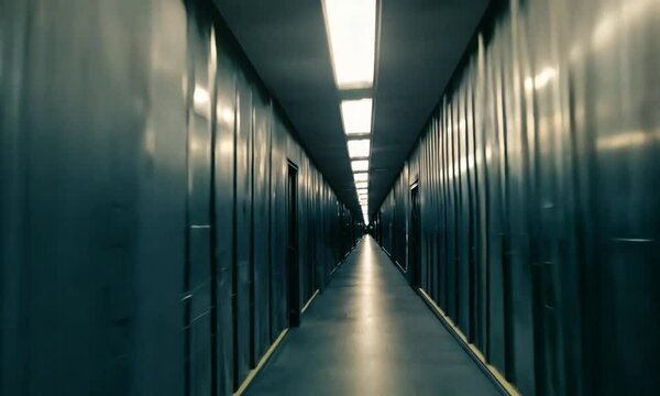 Dark prison corridor interior with rows of cells lit by ceiling lights