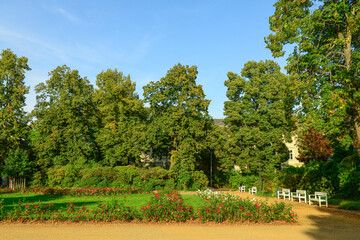 View of park with benches, flowers and green trees