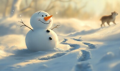 Small, chubby snowman with a short carrot nose, leaning slightly, with animal tracks leading up to him in the snow