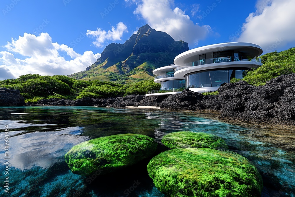 Poster a futuristic ocean research station, where scientists study marine life and ecosystems through high-