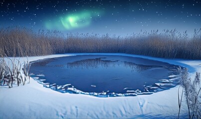 Small frozen pond surrounded by snow-covered reeds, with the faint reflection of the northern lights above in its smooth, glassy surface