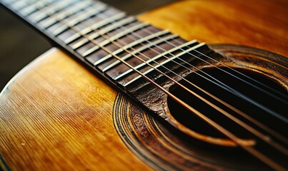 Fototapeta premium Close-up of the guitar and strings with shallow depth of field, soft focusing