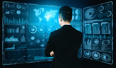 Big Data Technology for Business Finance Analytic Concept. Modern interface shows massive information of business sale report, profit chart and stock market trends analysis on screen monitor. uds