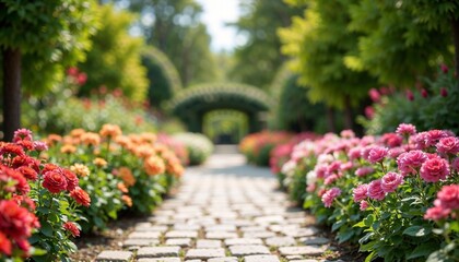 Fototapeta premium Beautiful flower path in garden, serene mood, vibrant floral arrangement, sunny day, copy space