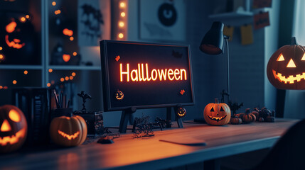 Stylish home office decorated with a Halloweenthemed letter board displaying Halloween and small black and orange decor items 