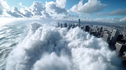 A gigantic wave towers above a city skyline, engulfing buildings in a dramatic demonstration of nature's immense power over urban environments.