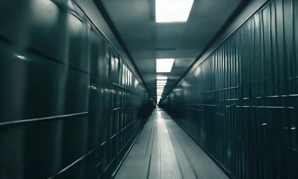 Dark prison corridor interior with rows of cells lit by ceiling lights