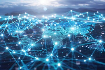 Obraz premium Light blue background featuring digital world map and global connections for international business