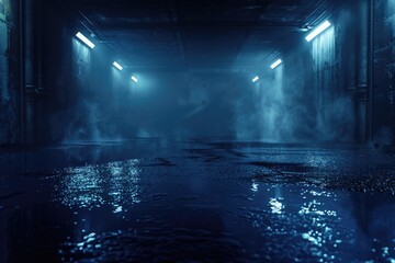 Obraz premium Dark urban landscape with neon lights and reflections in water.