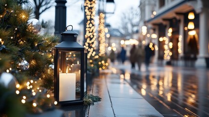 A lantern adorned with festive decor stands on a reflective street, creating a joyful and inviting atmosphere evoking seasonal warmth and holiday spirit.