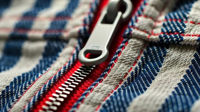 A close-up of a zipper on a blue and white striped fabric