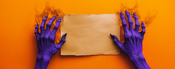 Halloween banner with purple witch, vampire, zombie hands. Halloween monster hands holding blank burning paper sign, horror night fire party and trick or treat event invite
