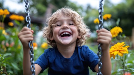 A joyful child with curly blonde hair laughs heartily while swinging, surrounded by bright yellow flowers in a verdant garden, embodying pure happiness and playfulness.