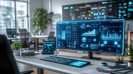 Futuristic office with AI control and cutting-edge interface for use in media releases on topics related to technological advancements in corporate management or as a concept for designing a place.