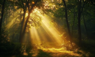 Naklejka premium The rays of the dawn sun break through the trees