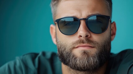 A trendy man with a beard and sunglasses, set against a cool teal background, evoking a feeling of relaxed masculinity and contemporary fashion style.