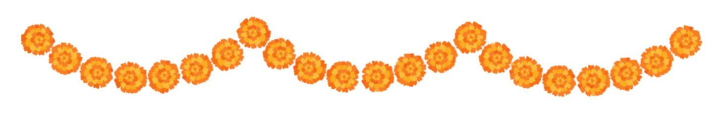 Yellow orange marigold flowers border. Indian traditional floral festive garland toran. Zendu flowers isolated on background Party decor for Halloween, Dia de los Muertos holiday. Vector illustration