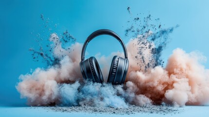 Headphones appear to explode within a colorful burst of clouds, symbolizing powerful sound and energy in a vivid and expressive art piece.