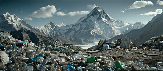 Plastic waste and garbage piled high in a mountainous landscape under a clear sky, highlighting environmental impact