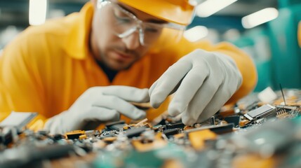 A male worker, wearing protective gear, focuses intently on assembling electronic components, showcasing meticulous work and skill in an industrial environment.