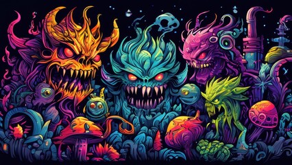A vibrant illustration of monstrous creatures amidst colorful flora and surreal elements.