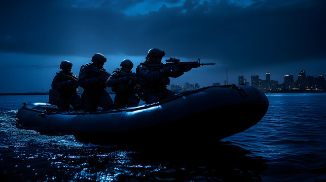 A modern U.S. Navy SEAL team, fully geared in tactical combat suits, stealthily exiting a black inflatable boat at night, with the silhouette of a distant city skyline in the background. Navy SEAL tea