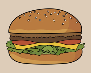 Hamburger with lettuce, cheese and tomato on beige background, vector illustration