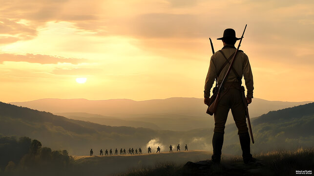 A Revolutionary War minuteman, dressed in civilian clothes with a musket in hand, standing guard on a hilltop as British troops march in the distance. Revolutionary War minuteman guarding a hill.


