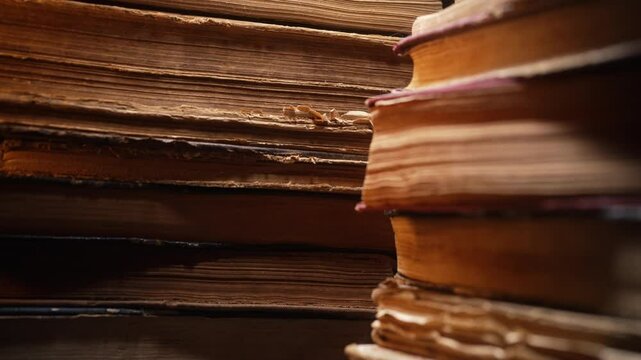 Macro view of saved medieval books with ancient writings. Religious literature, archival manuscripts, rare collection tomes, artifacts.
