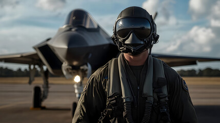 Naklejka premium A U.S. Air Force pilot from the Cold War, wearing a flight suit and helmet, standing next to a stealth bomber on the tarmac, ready for a reconnaissance mission. Cold War pilot next to a stealth bomber