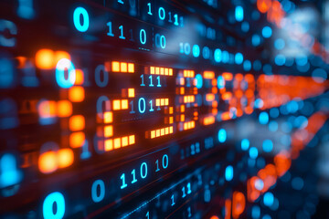 Vivid binary digits displayed in bright blue and orange hues create an electrifying atmosphere, showcasing a deep visualization of technology and digital data processing in a dark background.