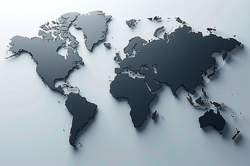 A modern representation of the world map is displayed in black, emphasizing the contours of continents. The design features a subtle 3D effect against a light backdrop, enhancing its visual appeal.