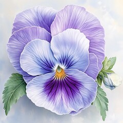 Beautiful close-up of pansy with delicate petals and green leaves on soft background