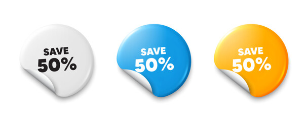 Save 50 percent off tag. Price tag sticker with offer message. Sale Discount offer price sign. Special offer symbol. Sticker tag banners. Discount label badge. Vector