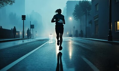 Runner in Foggy City Street at Night