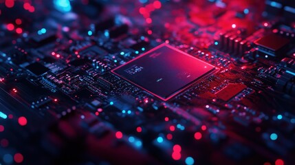Close-up of a Motherboard with Glowing Red and Blue Lights